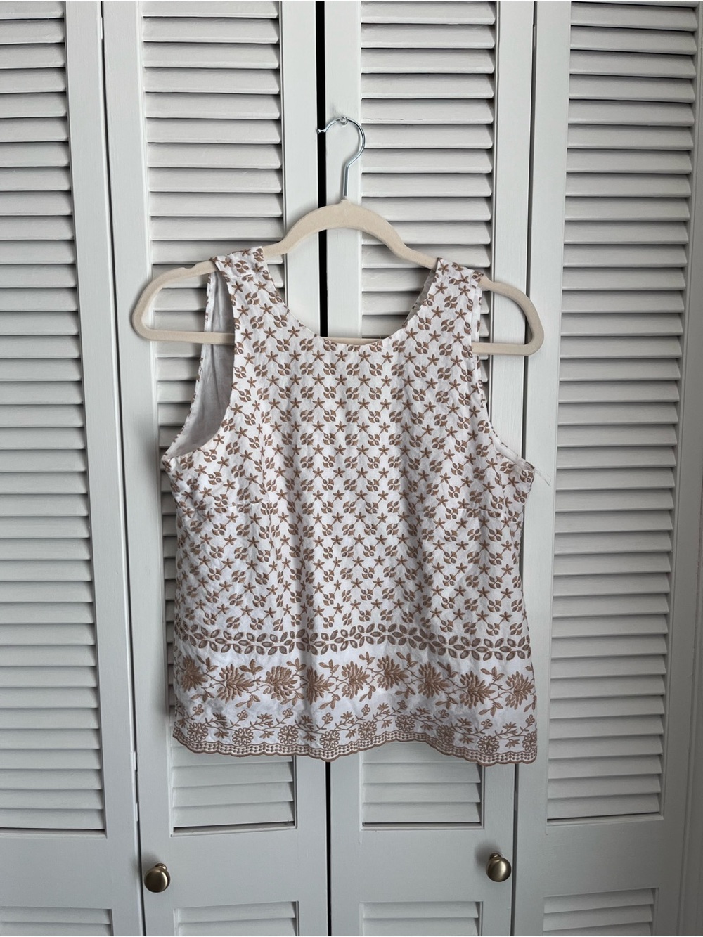 LOFT Cream Sleeveless Embroidered Top with Brown Floral Detail